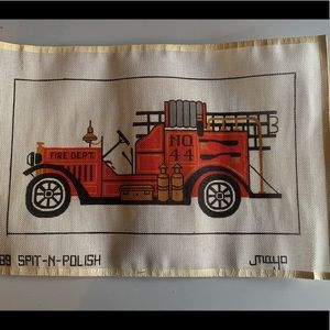 Vintage Needlepoint Canvas. Fire truck.